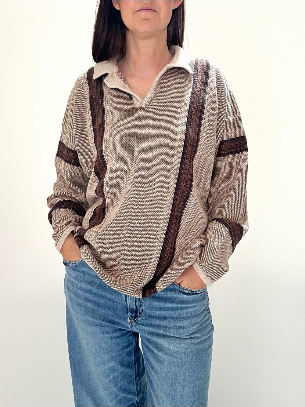 Vintage Concrete Beige V-Neck Stripe Sweater